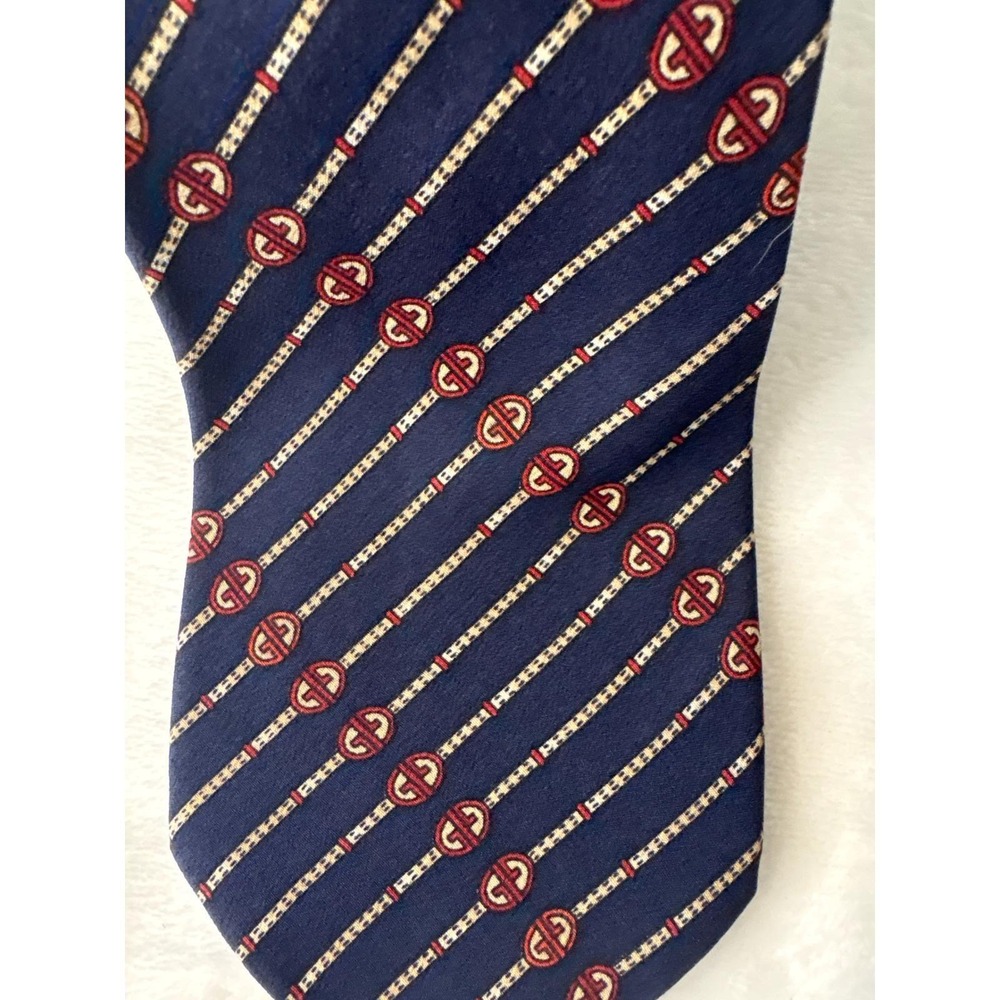GUCCI GG Logo Tie Vintage Navy Red Designer Silk - Picture 2 of 4